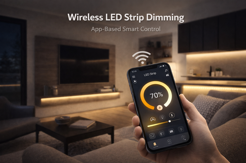 Wireless LED strip dimming placeholder showing app-based smart control and practical residential installation context