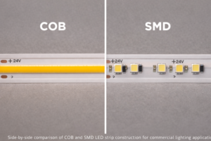 Side-by-side comparison of COB and SMD LED strip construction for commercial lighting applications