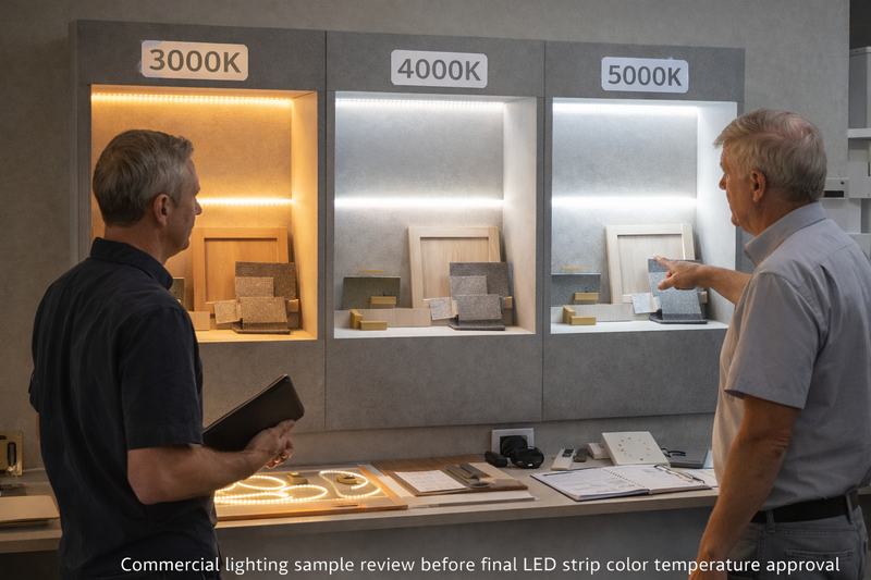 Commercial lighting sample review before final LED strip color temperature approval