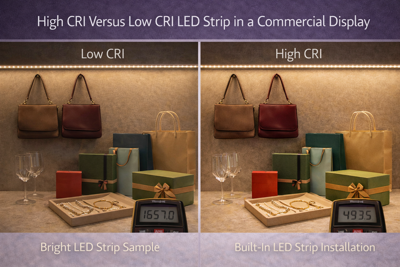 High CRI Versus Low CRI LED Strip in a Commercial Display Setting High CRI versus low CRI LED strip in a commercial display setting