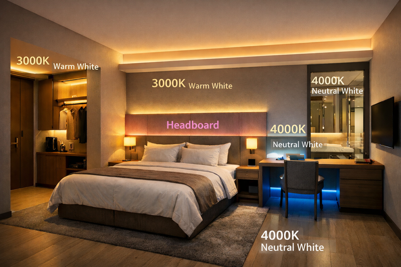CCT selection guide for hotel room LED strip zones