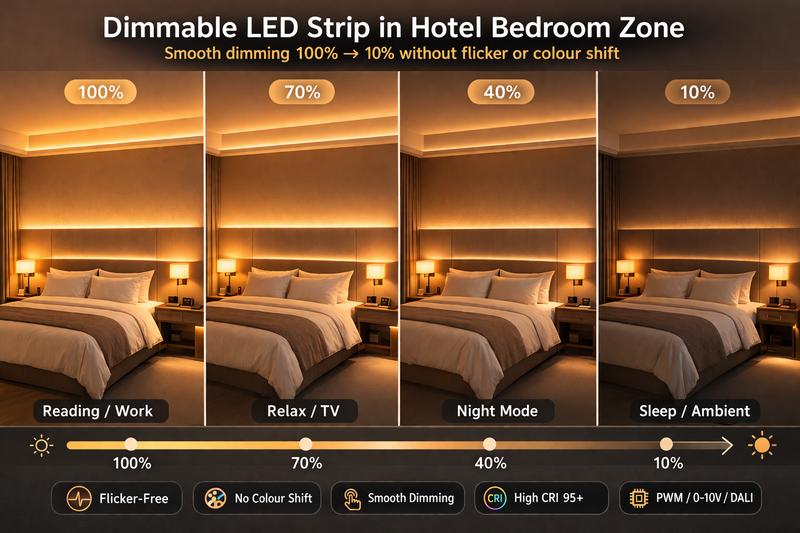Dimmable LED strip in hotel room bedroom zone