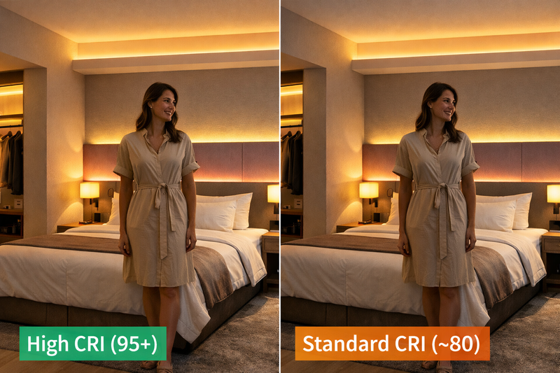High CRI LED strip for hotel room colour rendering