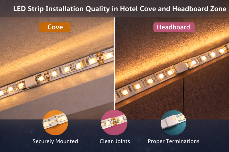 LED strip installation quality in hotel cove and headboard zone