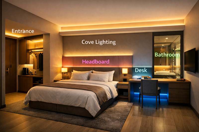 Hotel room lighting zones mapped for LED strip planning