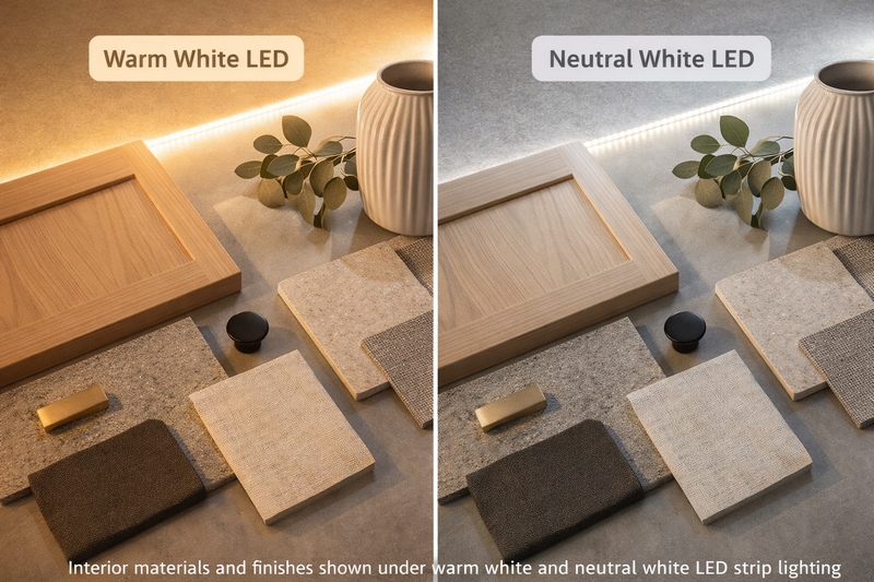 Interior materials and finishes shown under warm white and neutral white LED strip lighting