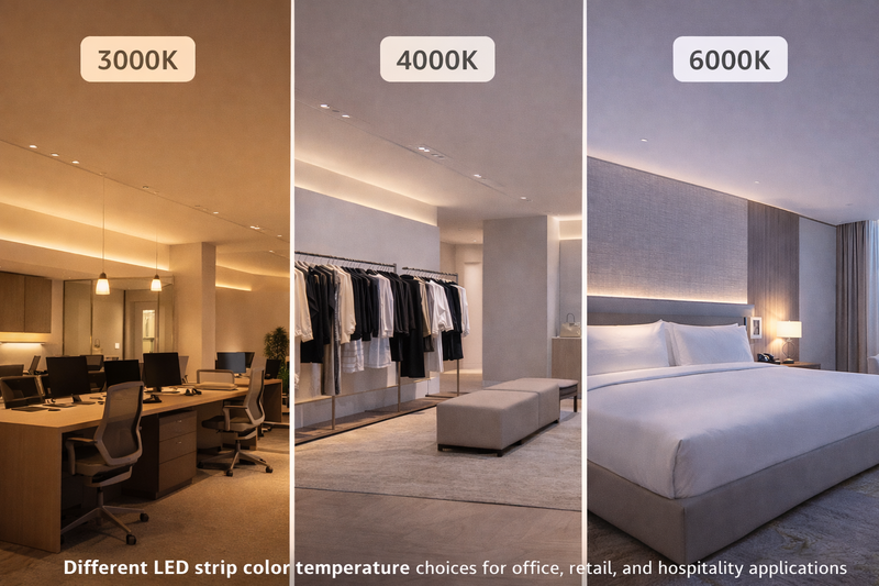 Different LED strip color temperature choices for office, retail, and hospitality applications