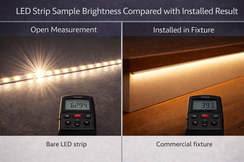 LED Strip Sample Brightness Compared with Installed Result LED strip sample brightness compared with installed result
