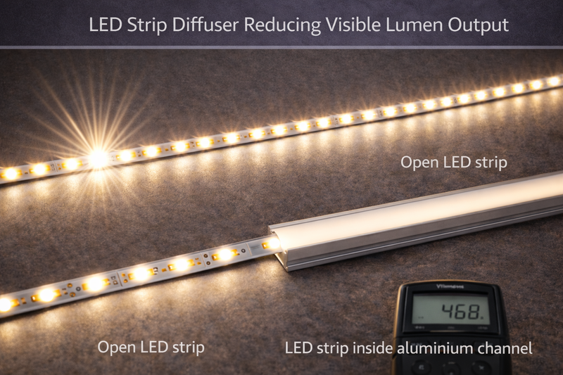 LED Strip Diffuser Reducing Visible Lumen Output LED strip diffuser reducing visible lumen output