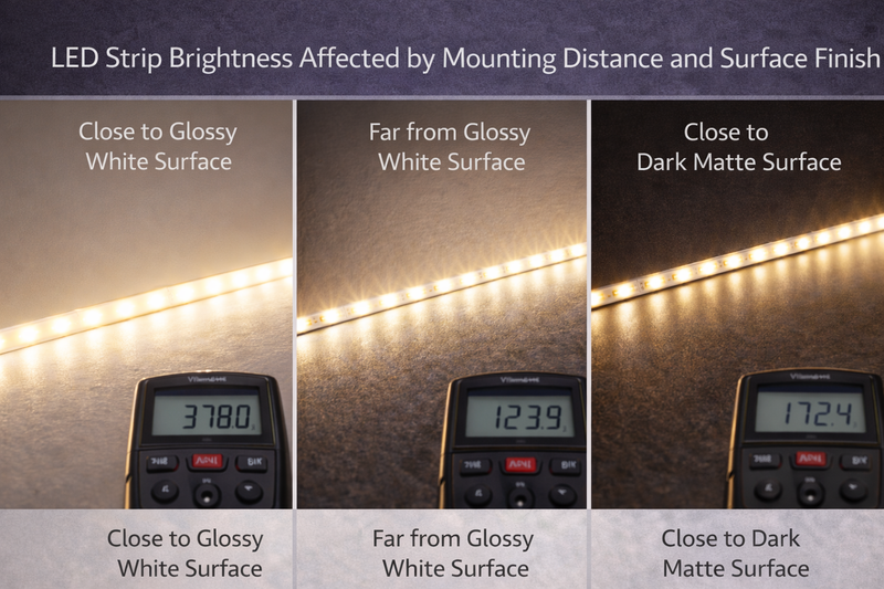 LED Strip Brightness Affected by Mounting Distance and Surface Finish LED strip brightness affected by mounting distance and surface finish