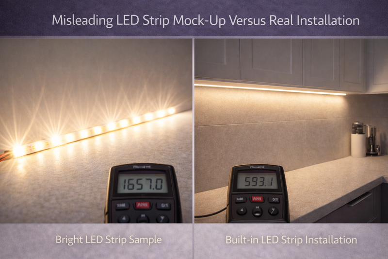 Misleading LED Strip Mock-Up Versus Real Installation Misleading LED strip mock-up versus real installation