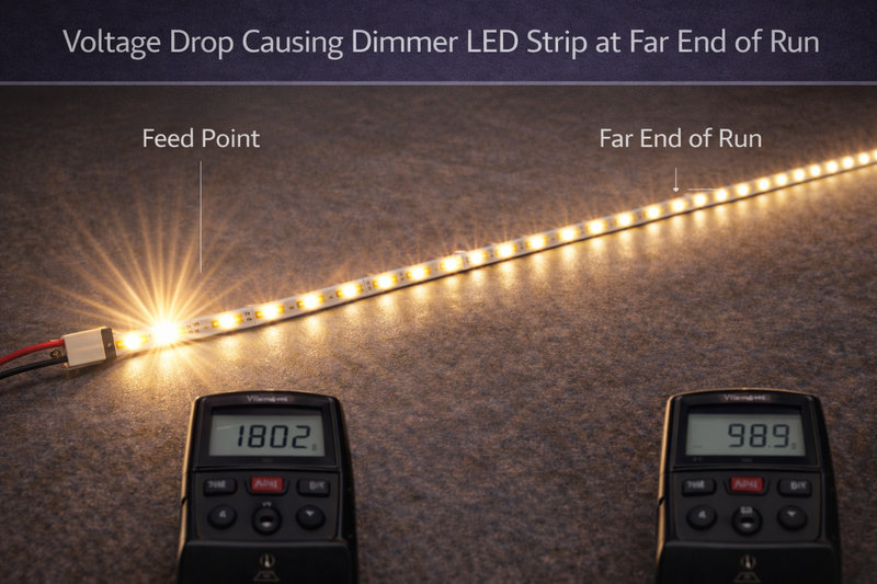 Voltage Drop Causing Dimmer LED Strip at Far End of Run Voltage drop causing dimmer LED strip at far end of run