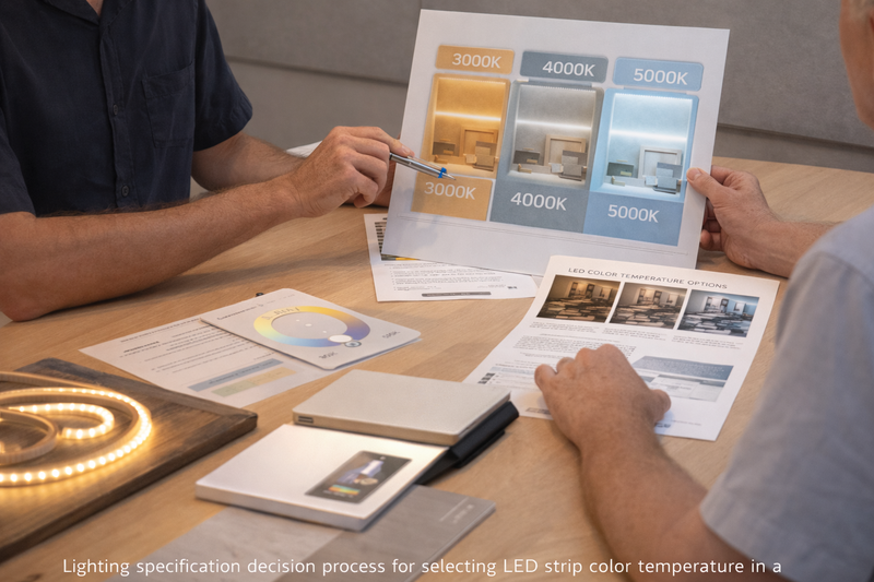 Lighting specification decision process for selecting LED strip color temperature in a commercial project