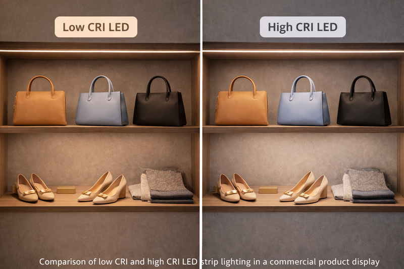Comparison of low CRI and high CRI LED strip lighting in a commercial product display