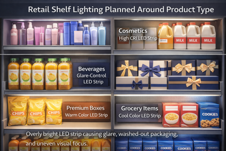 Retail shelf lighting planned around product type, showing cosmetics, beverages, premium boxes, and grocery items lit with different LED strip approaches to match product presentation needs