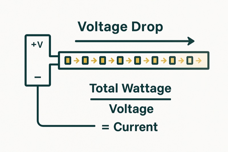 Voltage drop formula applied to LED strip lighting run calculation
