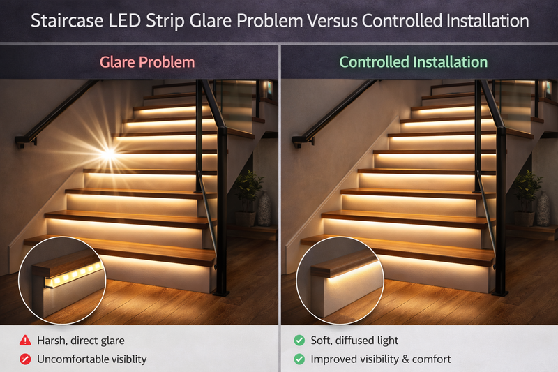 Staircase LED Strip Glare Problem Versus Controlled Installation Staircase LED strip glare problem versus controlled installation