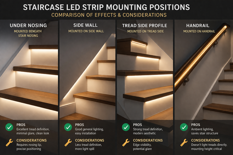 Different Staircase LED Strip Mounting Positions Compared Different staircase LED strip mounting positions compared