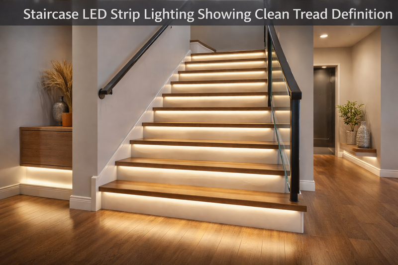 Staircase LED Strip Lighting Showing Clean Tread Definition Staircase LED strip lighting showing clean tread definition