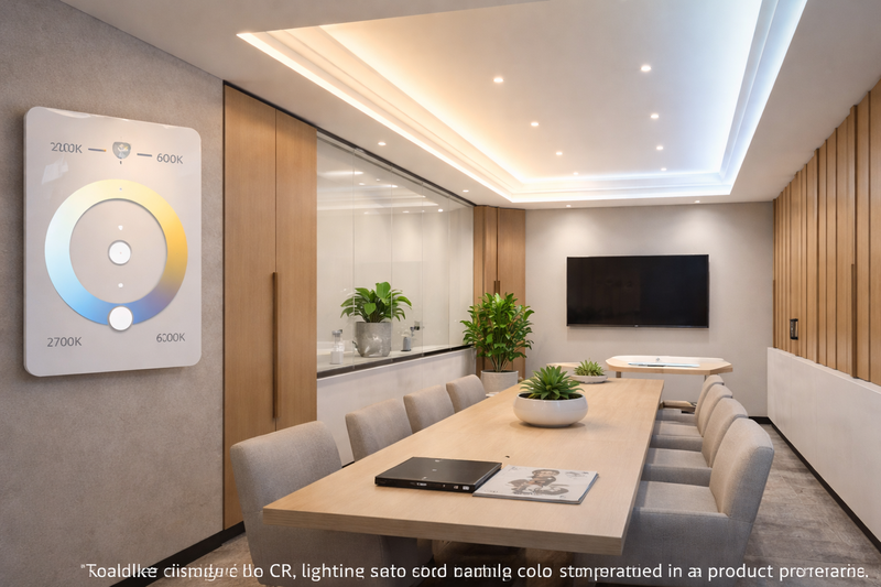 Tunable white LED strip lighting with adjustable color temperature in a modern commercial interior