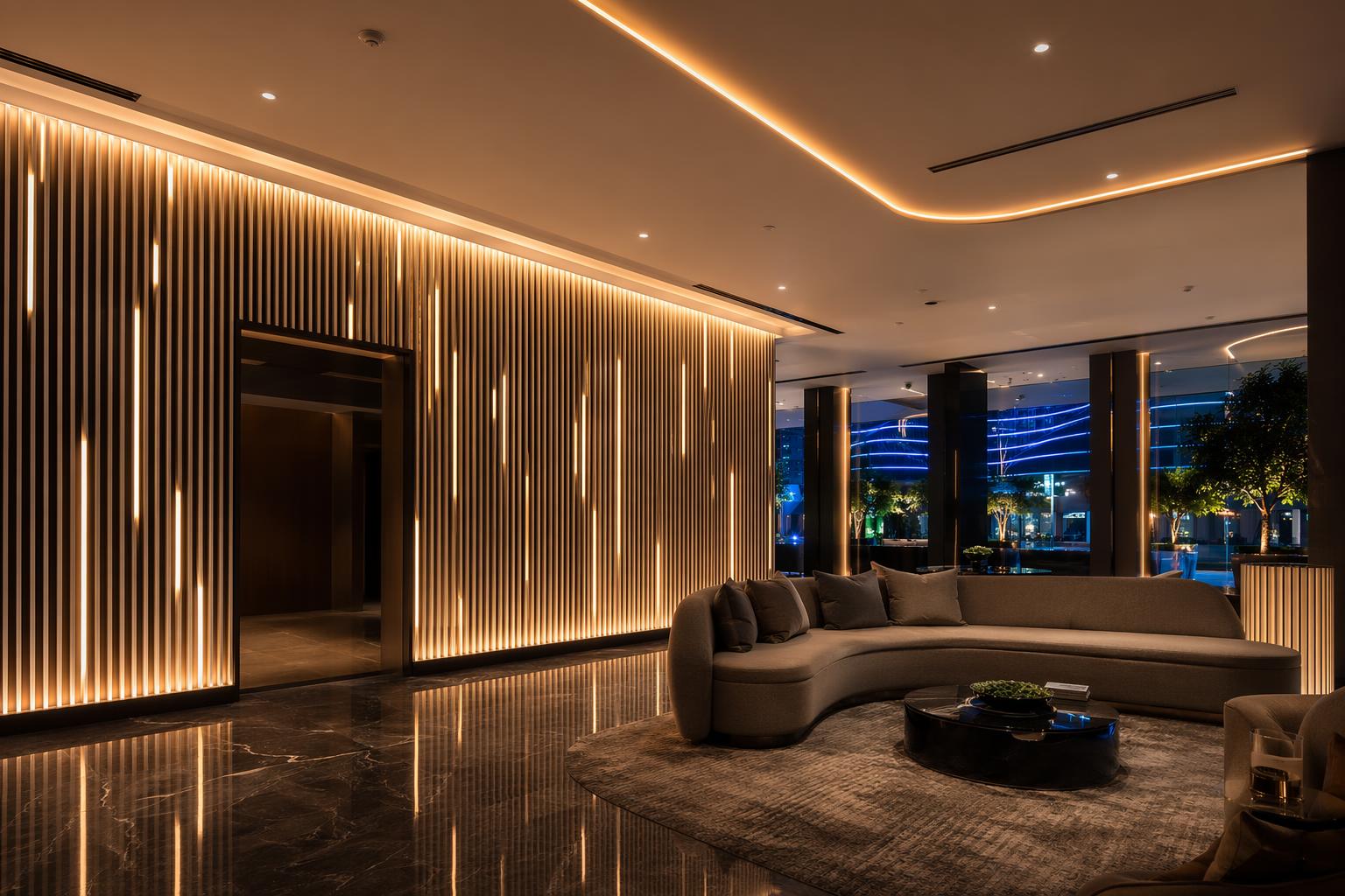 Modern architectural interior with addressable LED strip lighting used for feature walls ceiling coves and programmable accents