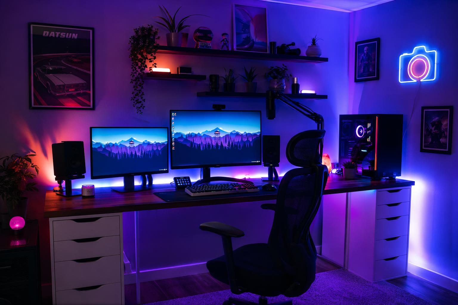 Gaming room and content creator desk setup with addressable LED strip lighting behind monitors shelves and desk edges