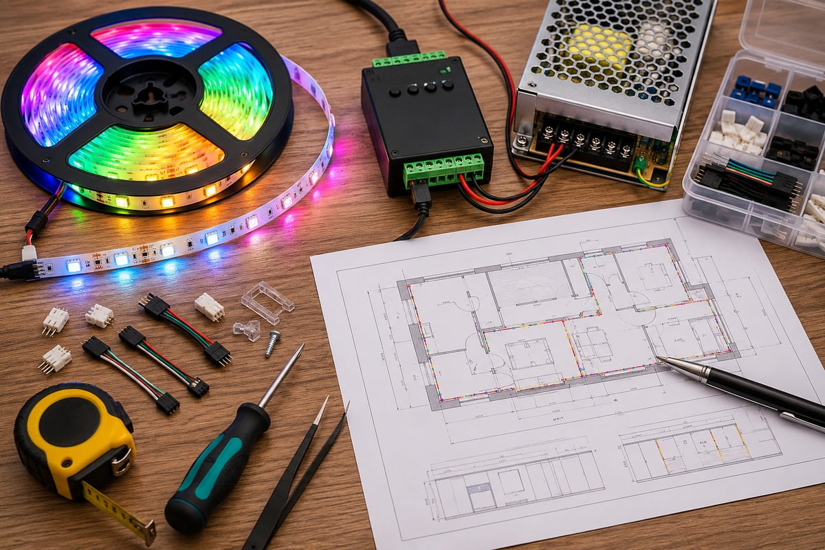 Addressable RGB LED strip installation and procurement setup with controller power supply connectors tools and layout drawing on worktable
