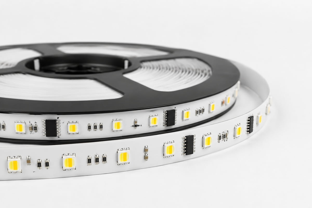 Close-up product photo of addressable LED strip on reel showing IC chips and LED packages on white PCB
