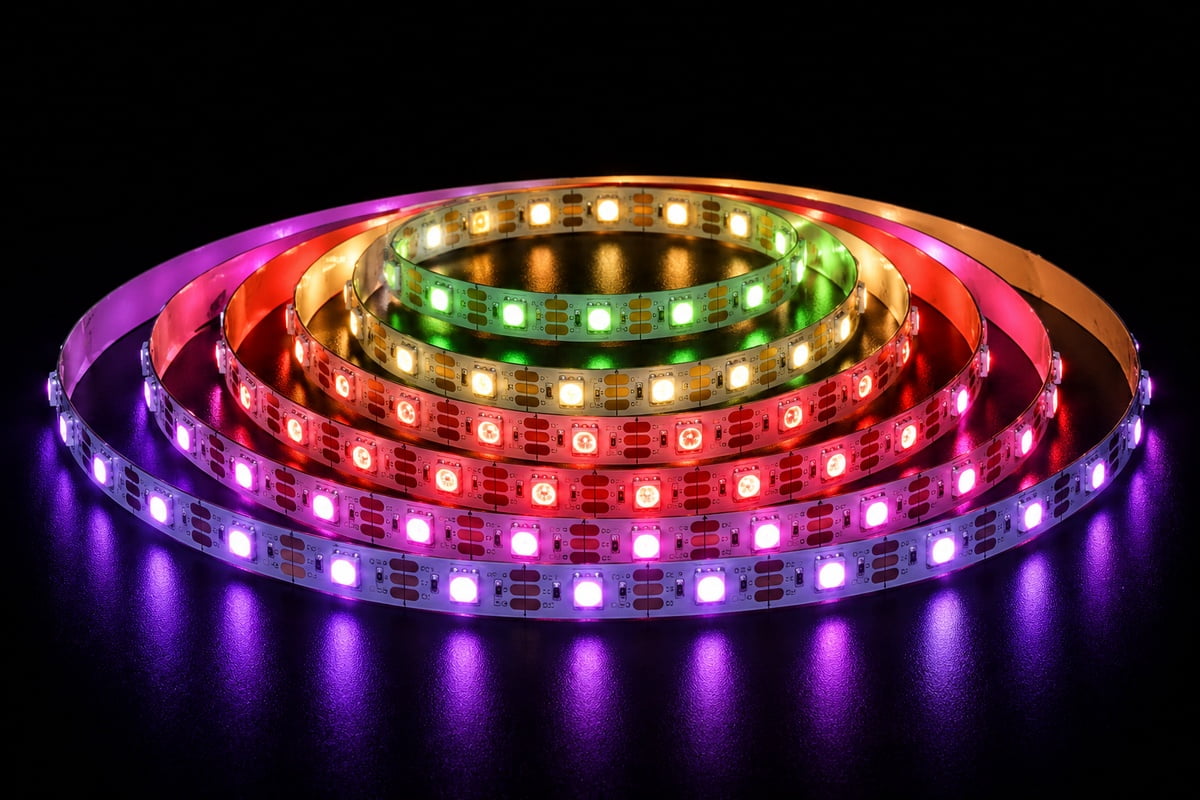 Addressable RGB LED strip arranged in colorful illuminated coils showing multiple pixel colors