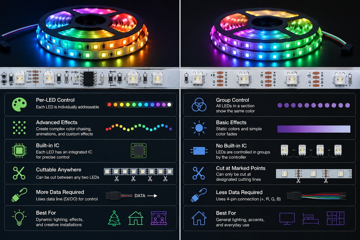 Comparison infographic showing addressable LED strip versus standard RGB SMD strip with per-LED control advanced effects built-in IC cut flexibility and application differences