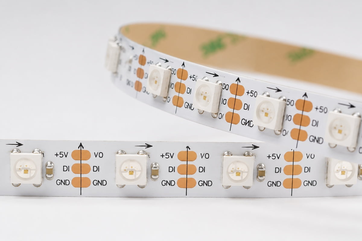 LED strip close-up on reel showing IC chips and white light packages for installation and procurement reference
