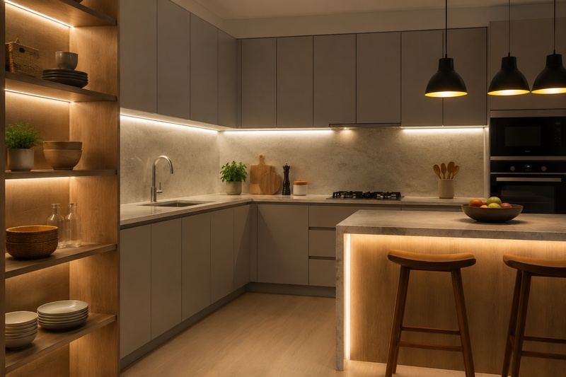 SMD LED strip under cabinet and shelf lighting in modern kitchen