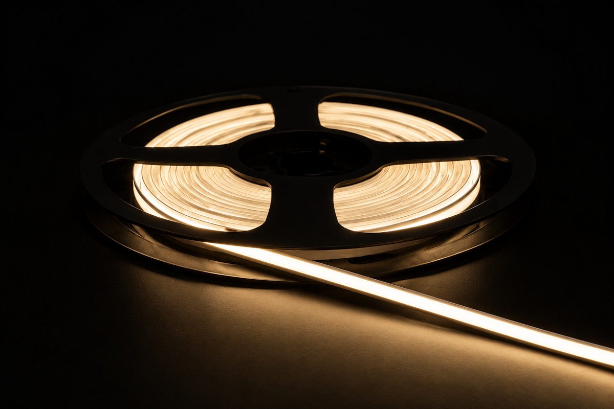 Single color COB LED strip light on black reel showing seamless linear light output