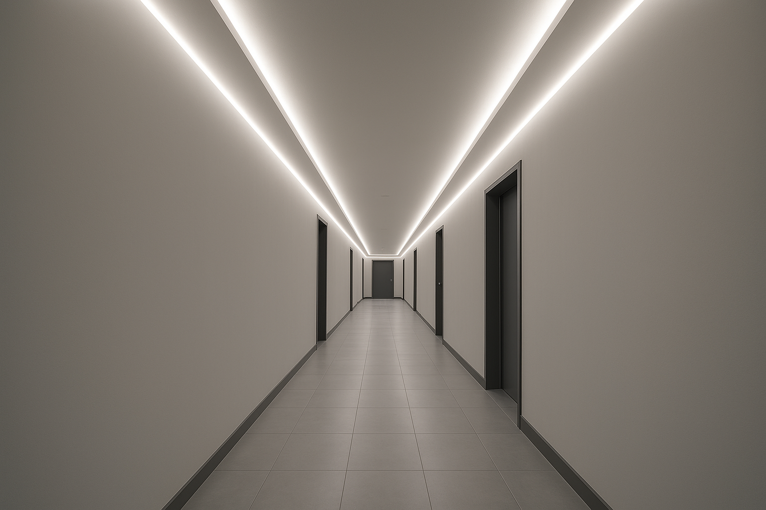 Commercial LED strip lighting in long corridor showing uniform brightness