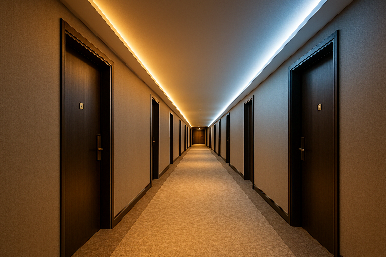 Color temperature mismatch visible in hotel corridor LED lighting