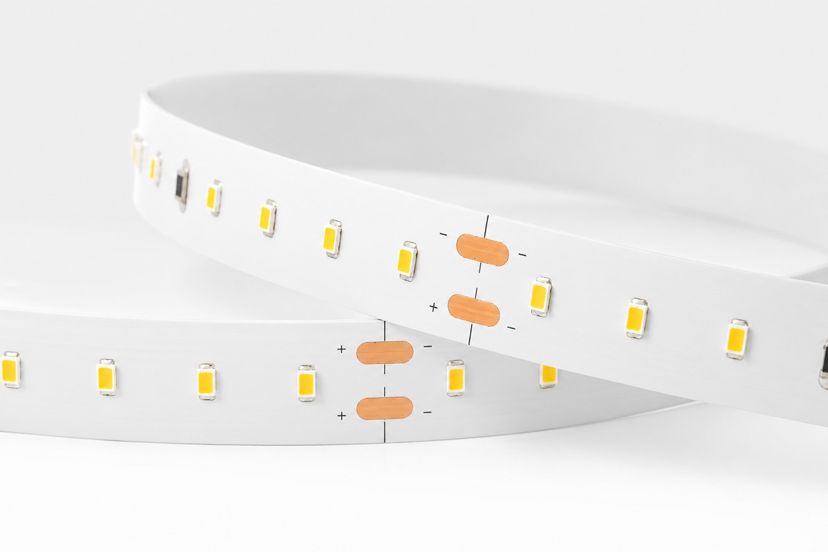 SMD LED strip 2835 chip close-up showing cut marks and pads
