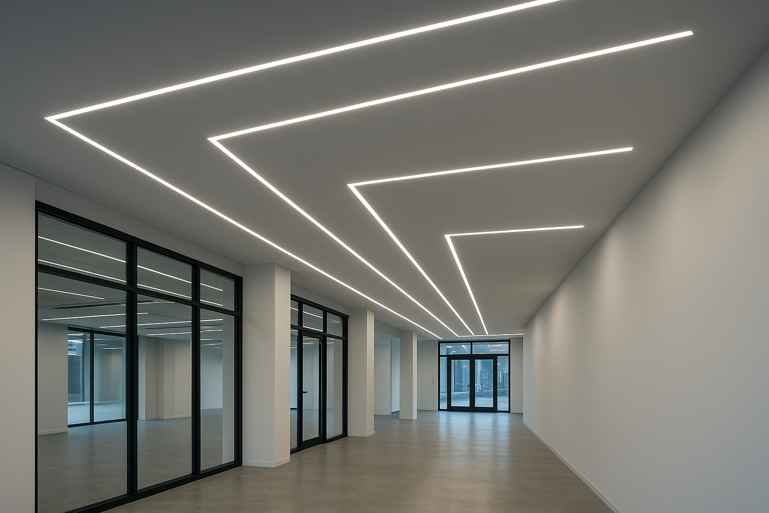 Architectural LED strip lighting system installation in commercial building