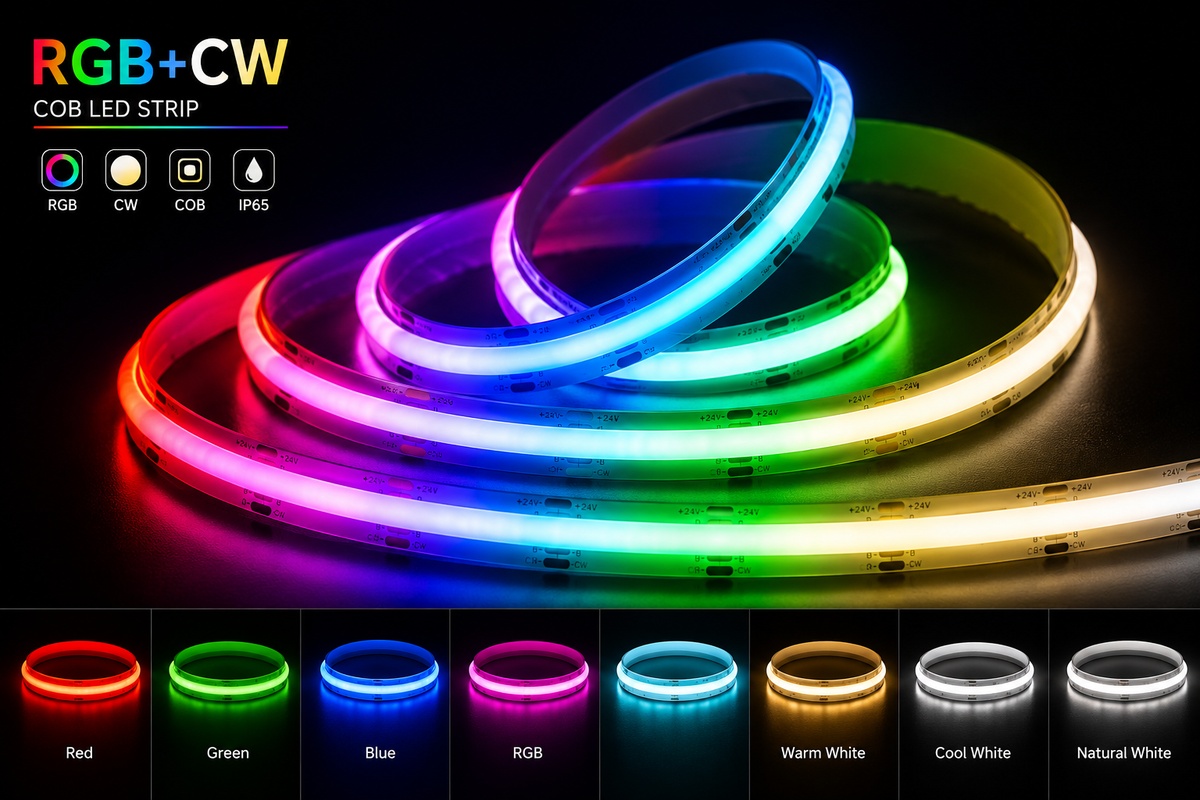 Multicolor RGBW COB LED strip light reel showing full color seamless output