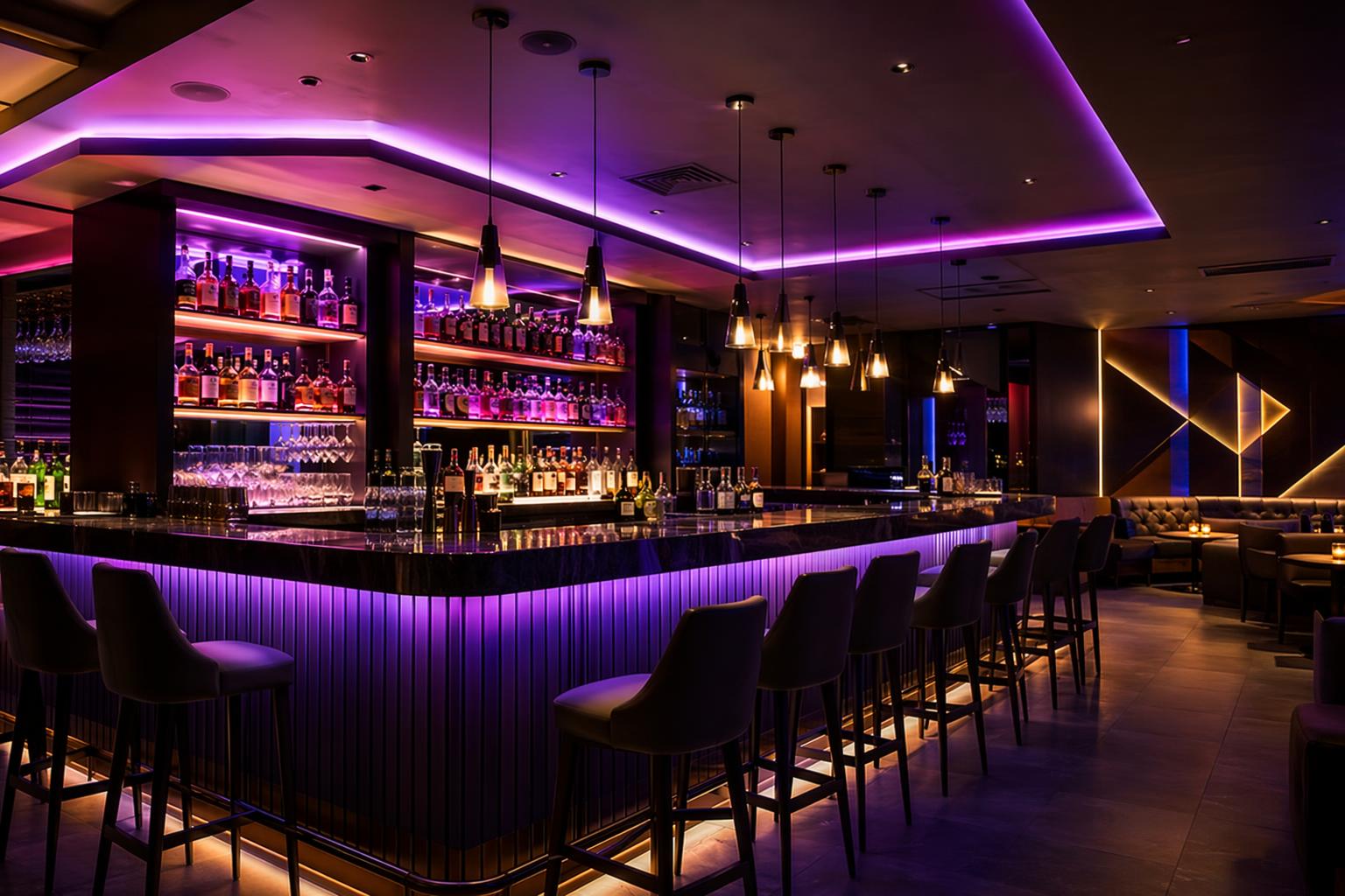 Bar and lounge interior with RGB LED strip lighting for hospitality and entertainment atmosphere