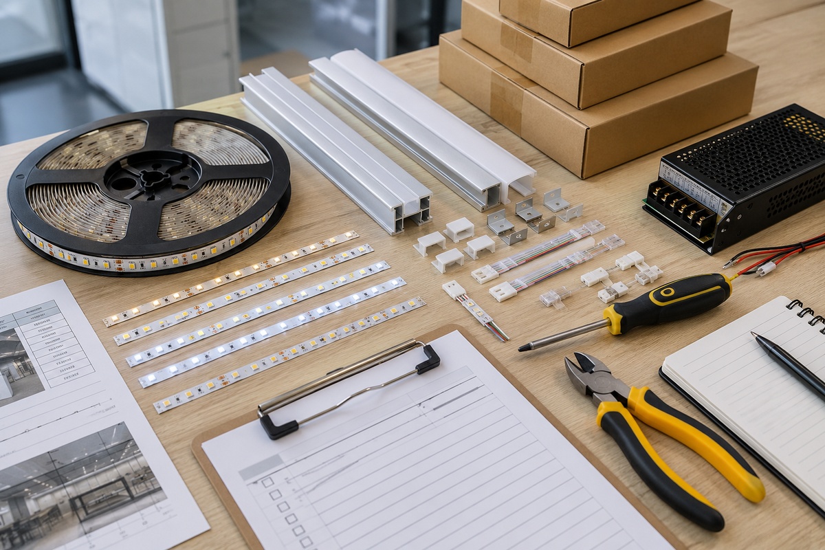 LED strip installation and procurement setup with power supply aluminium profiles connectors tools and strip samples on worktable
