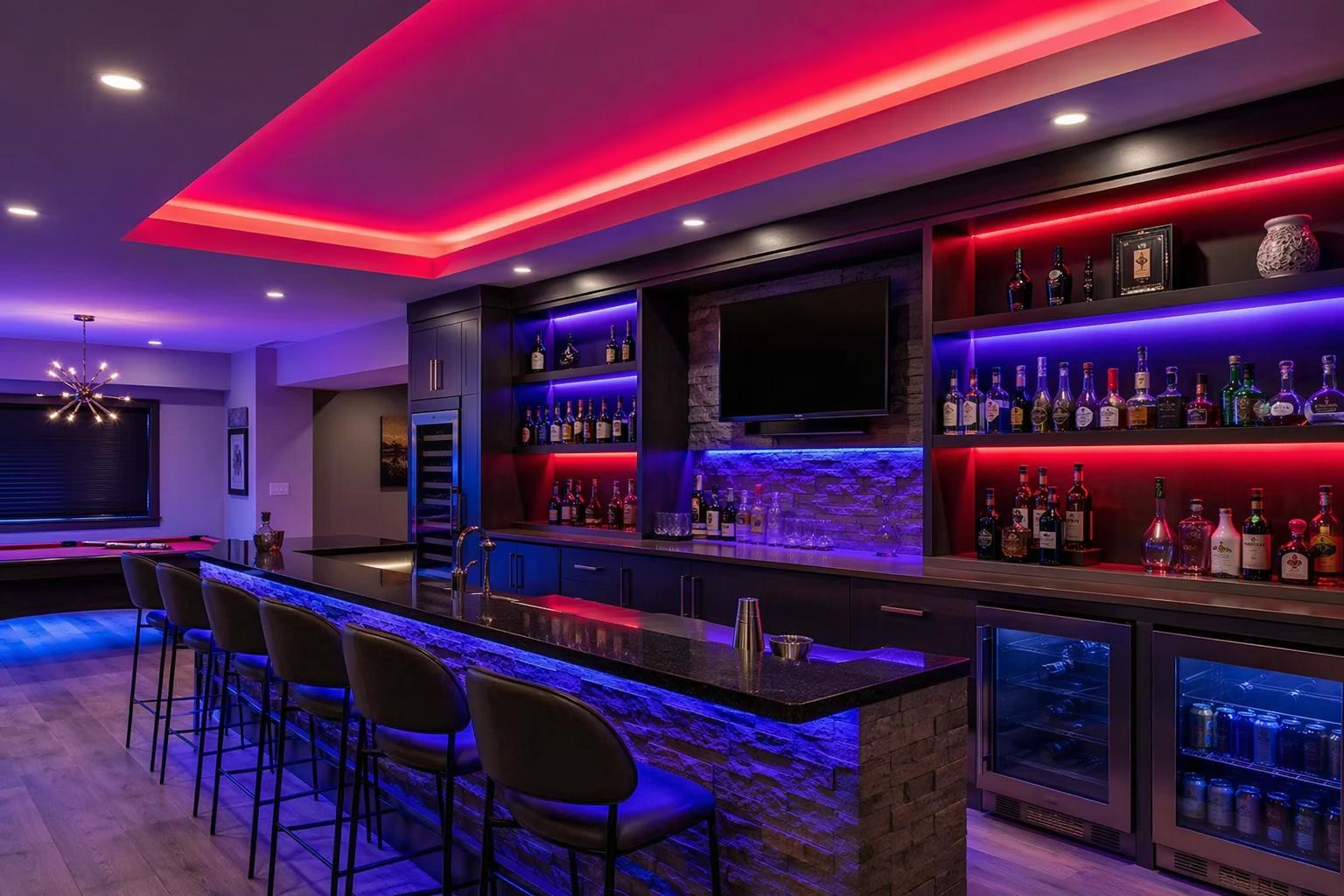 Modern entertainment interior with colorful RGB LED strip lighting installed in ceiling coves and shelves