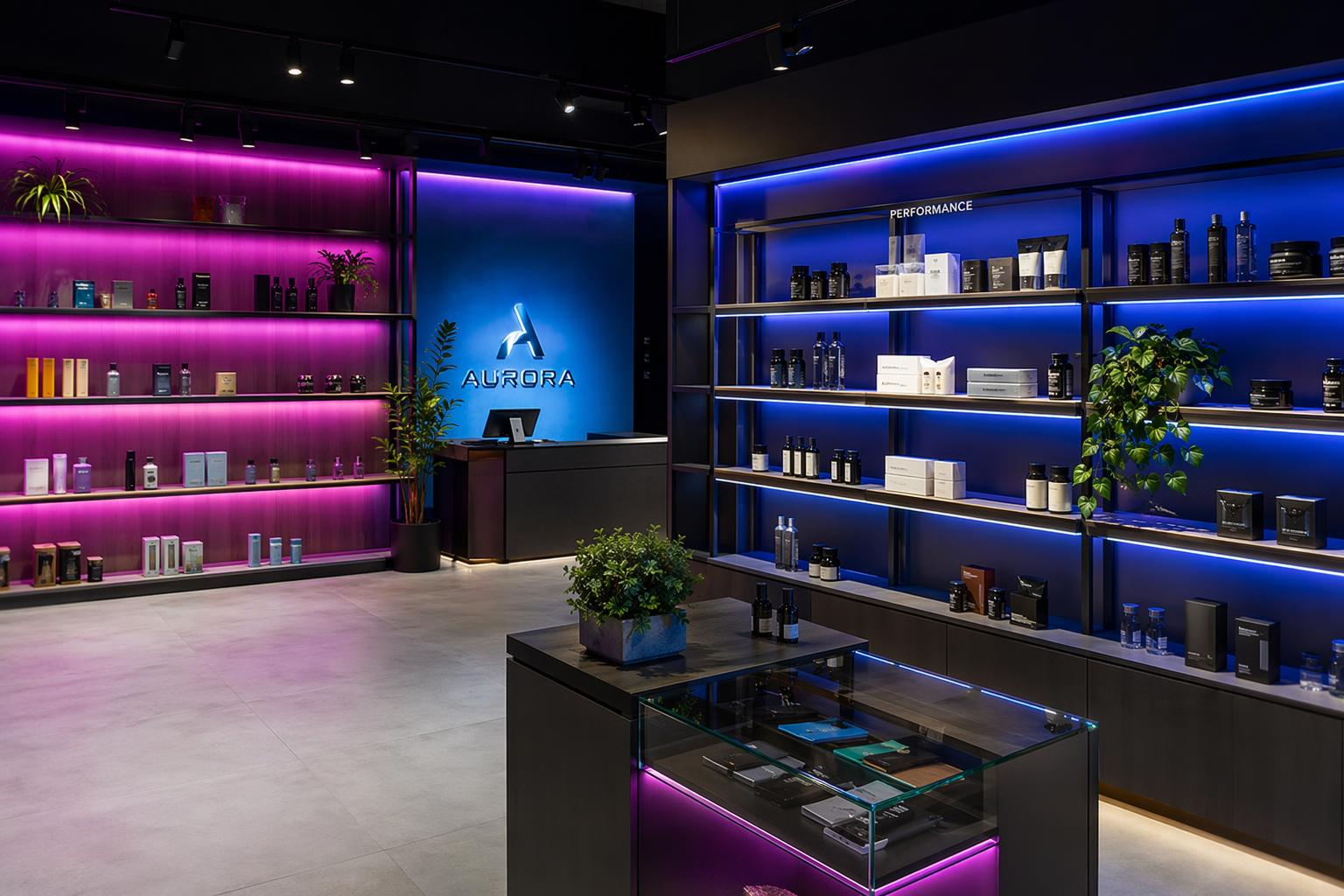 Retail display interior with RGB LED strip lighting accents on shelves and merchandising areas