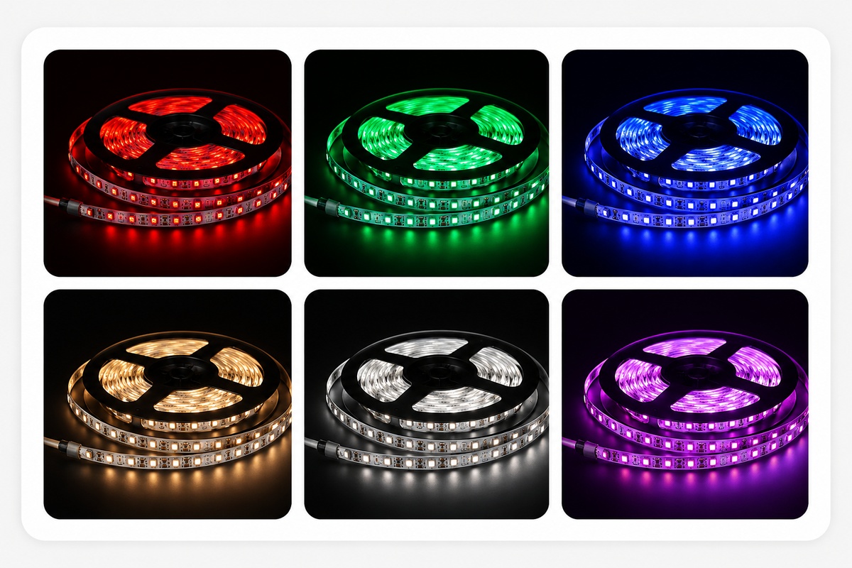 RGB RGBW and RGBWW LED strip color output collage showing red green blue warm white and purple lighting effects
