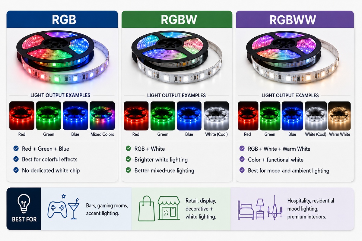 Comparison chart of RGB RGBW and RGBWW LED strip lights showing reel examples light output examples and best-fit applications