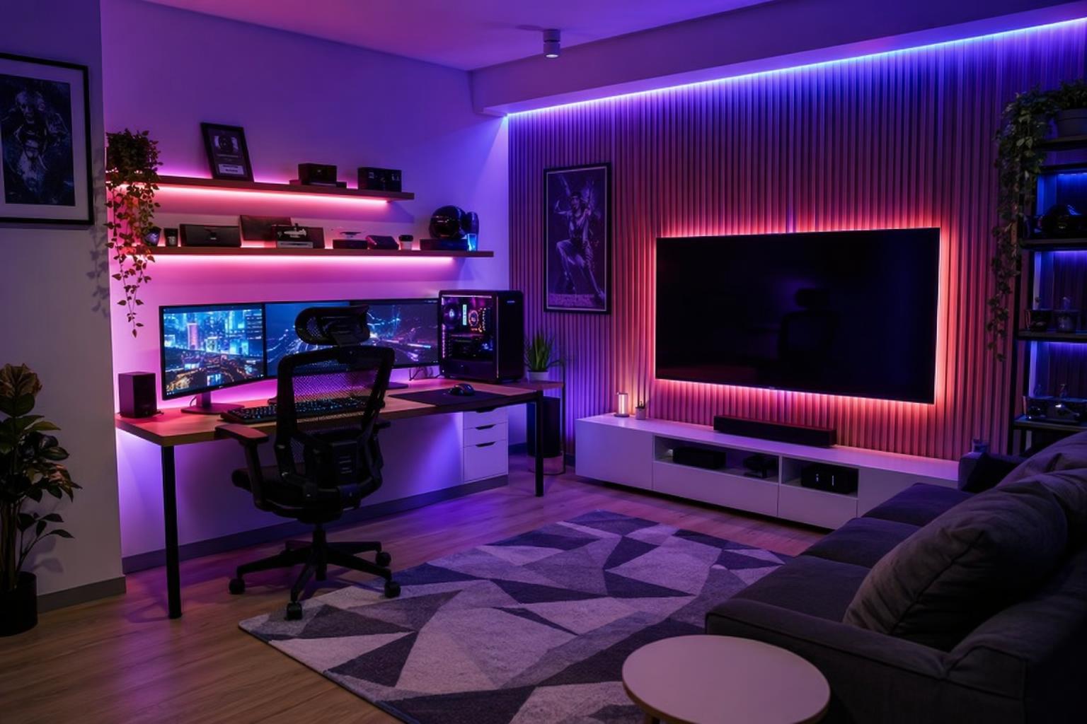 Gaming room and smart home interior with RGB LED strip lighting behind desk shelves and wall features