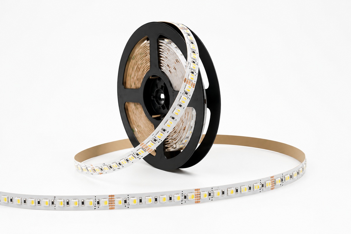 RGBW LED strip product on black spool showing 4-channel configuration