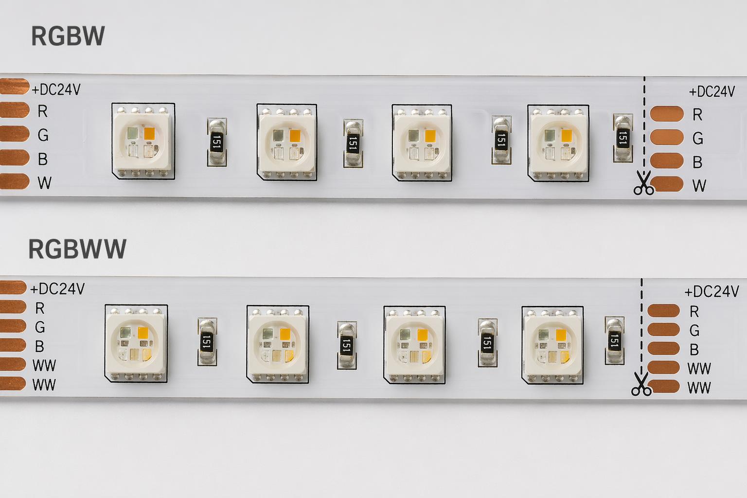 Close-up of RGBW and RGBWW SMD LED strip showing multi-chip LED packages on flexible PCB