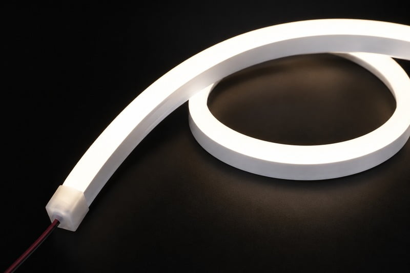 Close-up of top bend LED neon flex 1617 profile, end cap and cable outlet