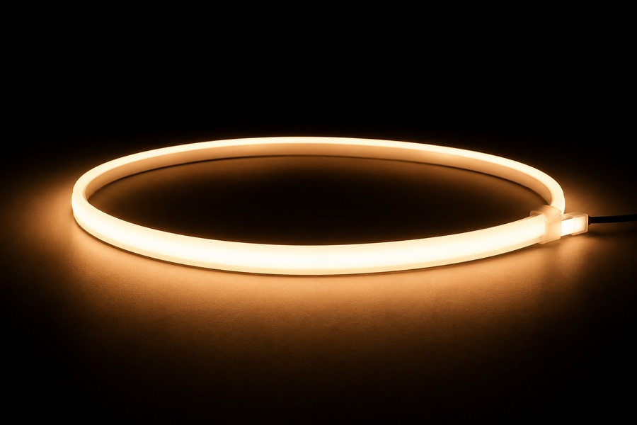 Top bend LED neon flex warm white loop glowing on dark background