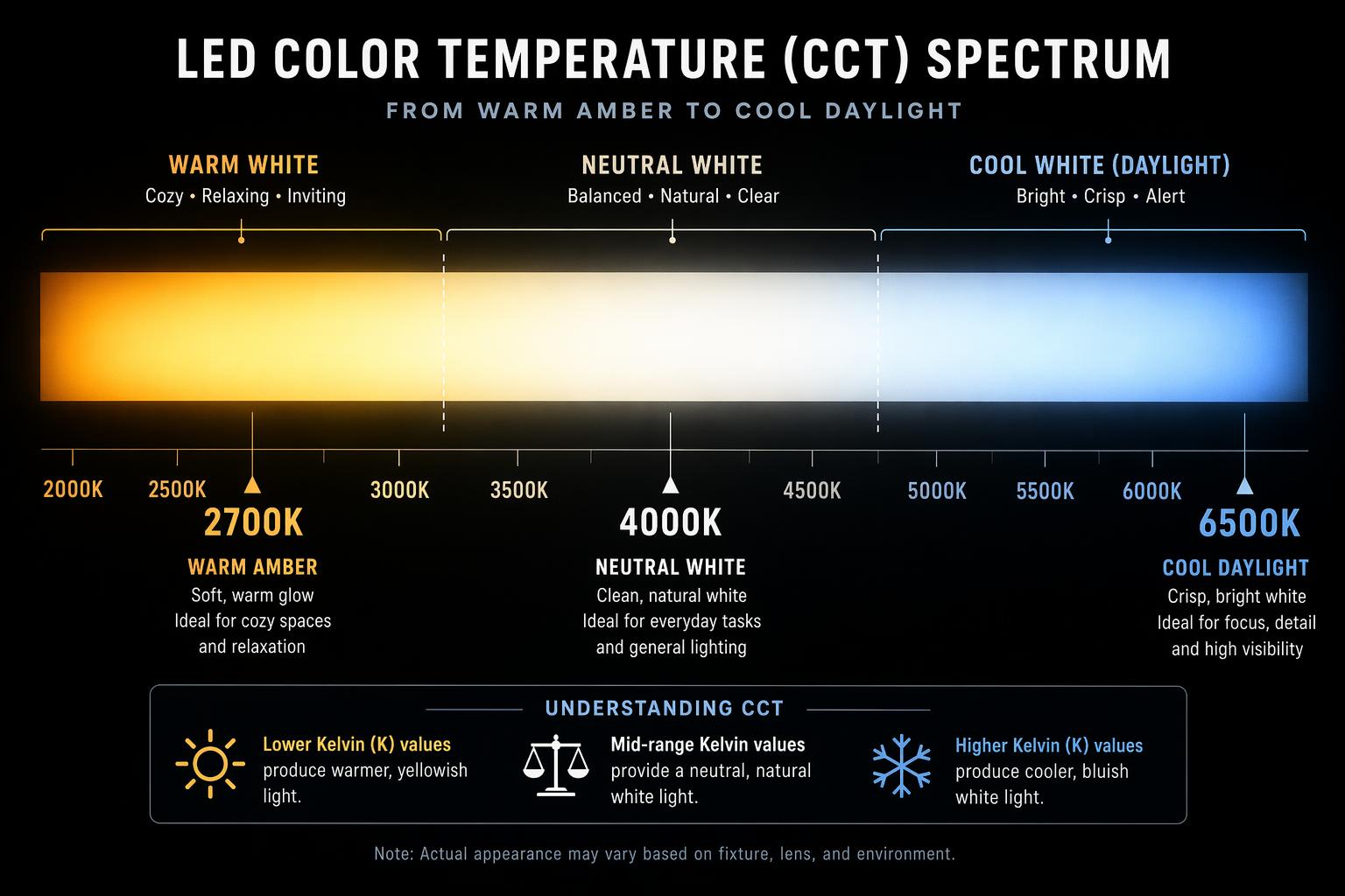 Color temperature range from warm white to cool white for tunable white LED strip